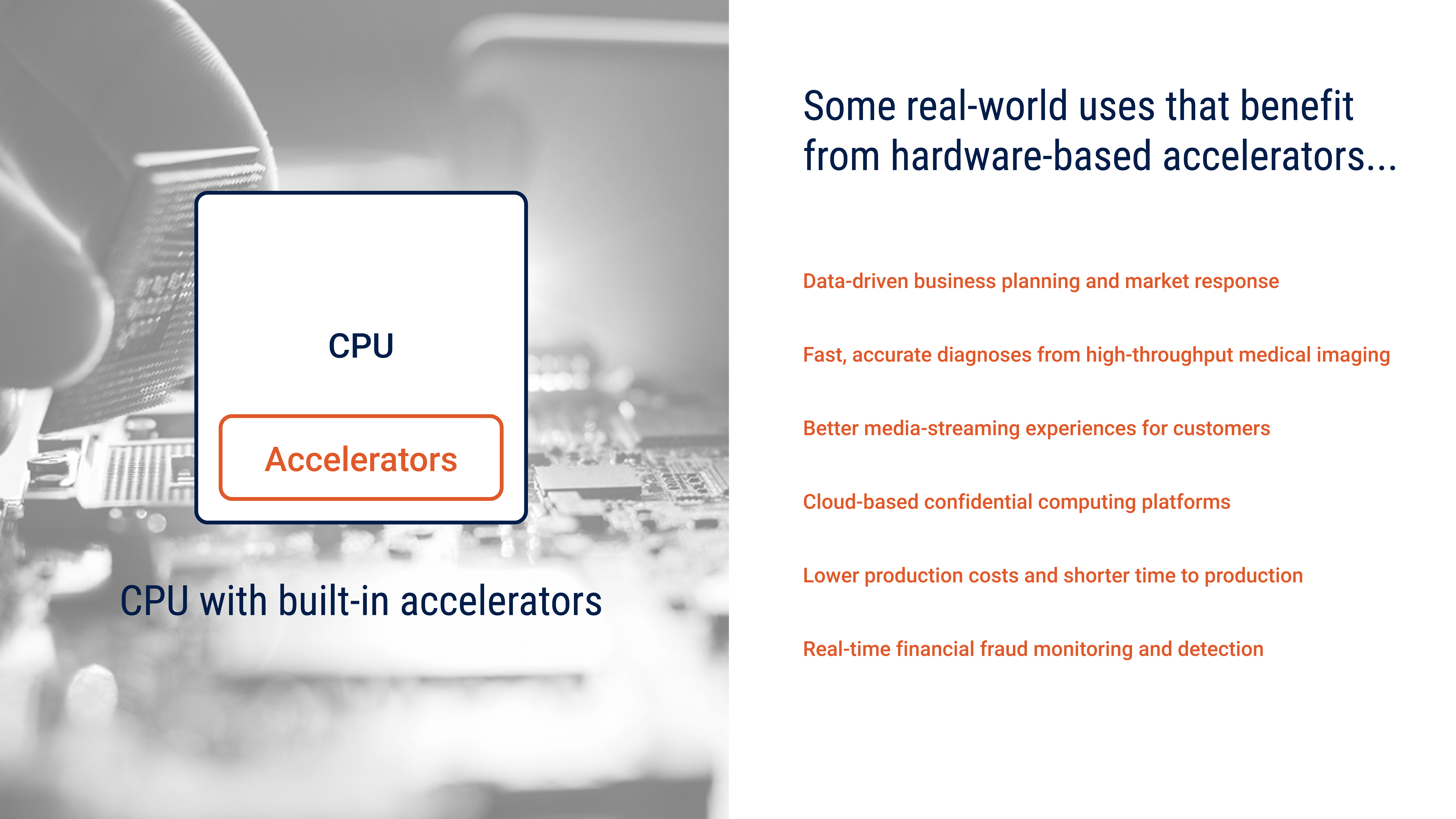 Diagram titled “Some real-world uses that benefit from hardware-based accelerators…” Below the title is a list of six uses: Cloud-based confidential computing platforms; data-driven business planning and market response; lower production costs and shorter time to production; fast, accurate diagnoses from high-throughput medical imaging; real-time financial fraud monitoring and detection; better media-streaming experiences for customers. Below the list of uses is a group of boxes labeled “CPU with built-in accelerators” topped with an upward-pointing arrow. The group consists of one box labeled “accelerators” sitting inside a larger box labeled “CPU.”